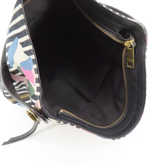 Fossil Maya Hobo Black Pebbled Leather Stripe Flower Floral Canvas Shoulder Bag - Picture 10 of 16